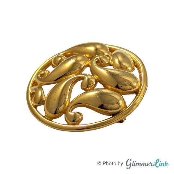 Vintage Paisley Swirl Circle Gold Tone Brooch Pin - Picture 3 of 9
